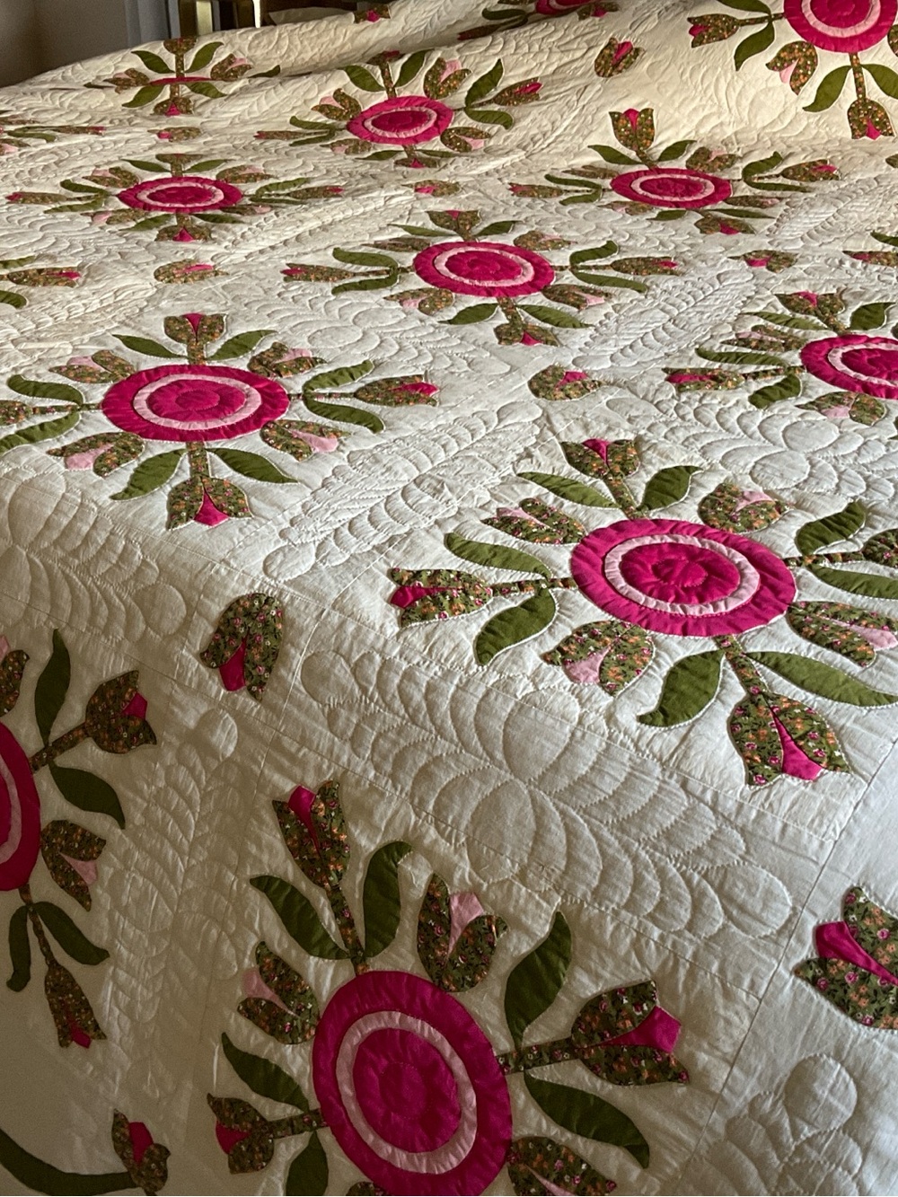 Handmade Floral Appliqué Quilt in White, Pink, and Olive Green